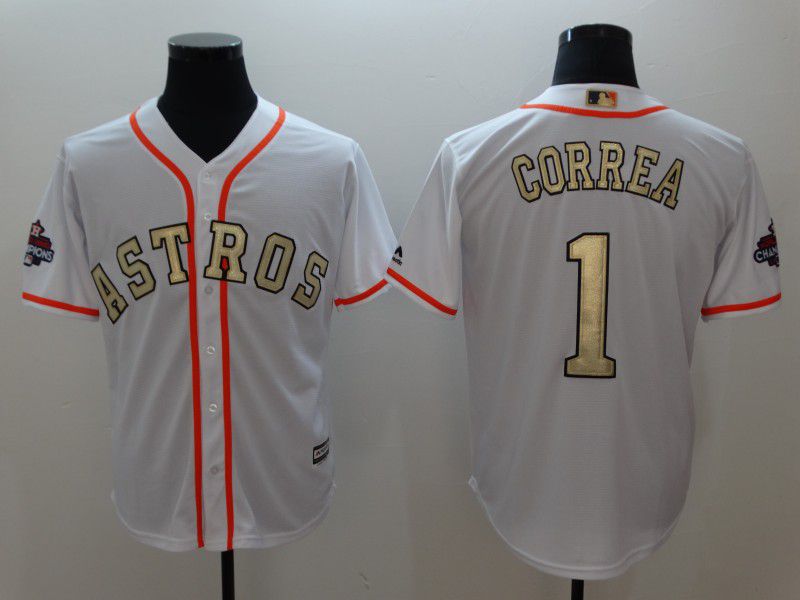 Men Houston Astros #1 Correa White Gold version Game MLB Jerseys